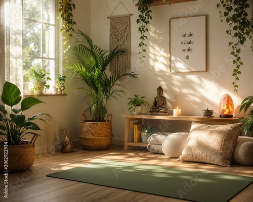 Yoga meditation corner with indoor plants, cushions and natural sunlight, mindfulness concept, peaceful atmosphere