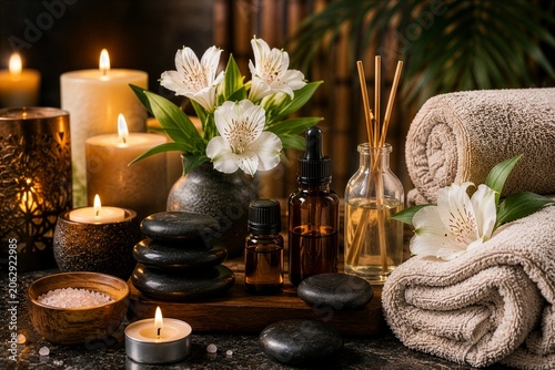 Luxury spa wellness setup with candles, stones, essential oils and soft towels, relaxation concept, premium quality