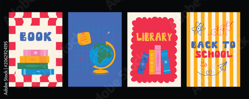 Back to School Retro Groovy Poster Collection. Cute Educational Cards with Books, Backpack, Globe and School Supplies for Wall Art, Classroom Decor and Social Media