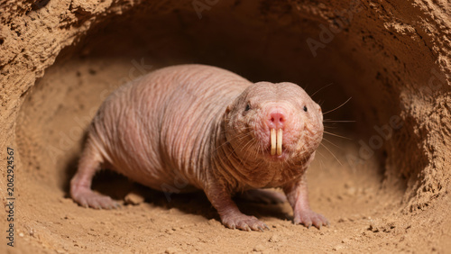 Fotografía Naked Mole Rat Standing at Entrance of Underground Burrow