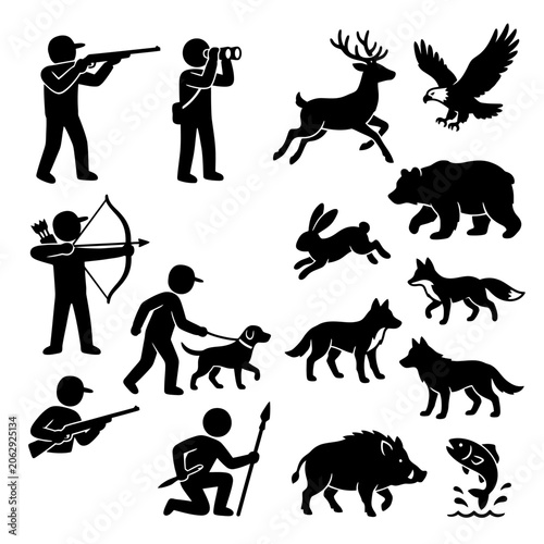 Photography Silhouettes show hunters and wild animals in the forest