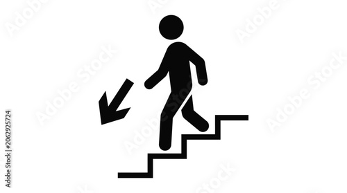 Minimalist black vector illustration featuring a person walking down stairs with a pointing down arrow