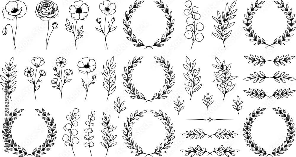 Fototapeta premium Hand drawn vector illustration set featuring various floral wreaths and botanical elements for creative wedding stationery