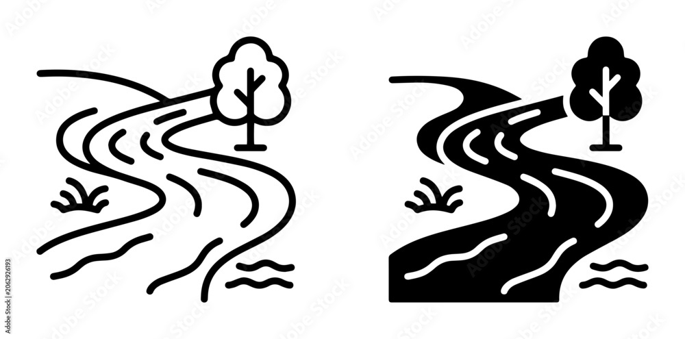 Fototapeta premium River Landscape Icons: Flowing Water, Trees, and Grass in Outline and Solid Styles