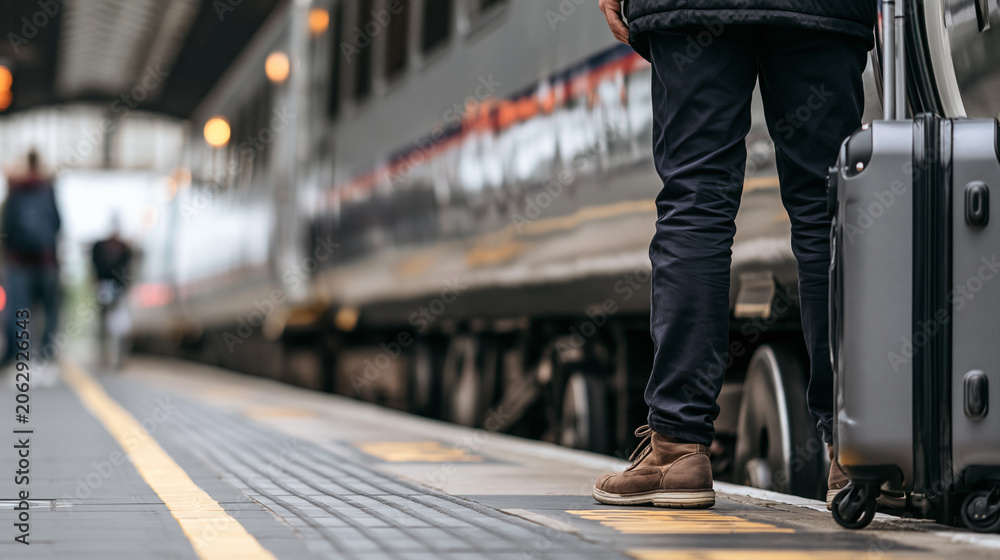 Fototapeta premium Passenger standing with a suitcase on a railway platform, ready for departure and travel by train