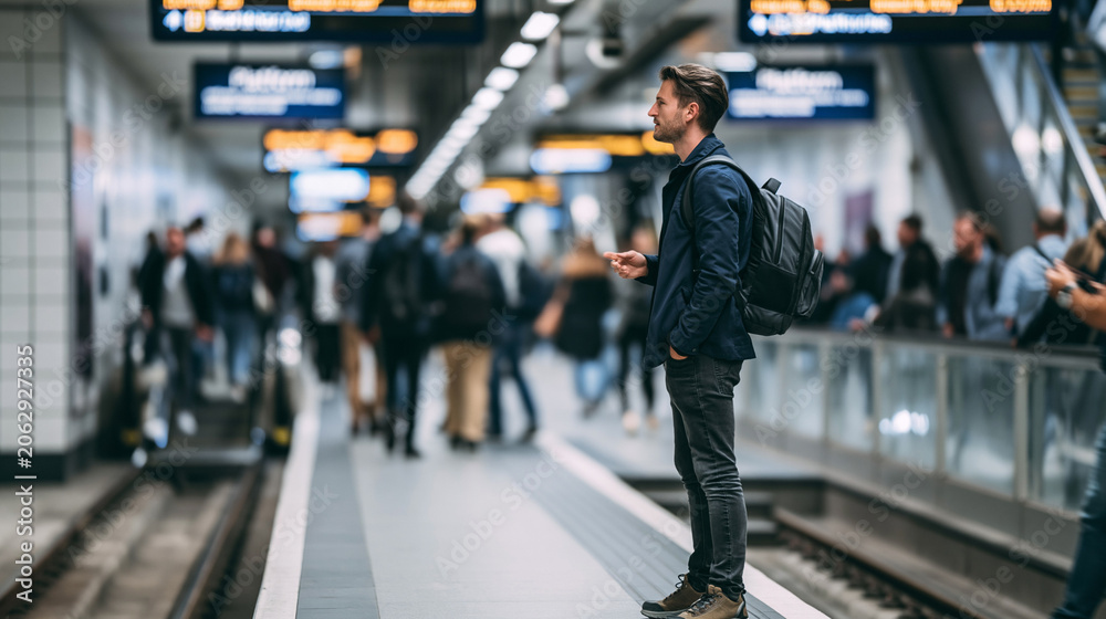 Obraz premium Young man standing on a busy subway platform, waiting for his train. Traveling and commuting in an urban environment