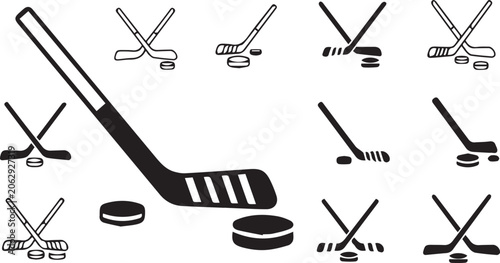 Photography Ice Hockey Stick and Puck Silhouette Vector Icon Set Design