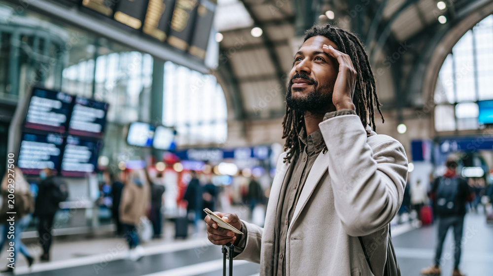 Fototapeta premium Man with dreadlocks looking up at information screen, waiting for his train at a busy railway station