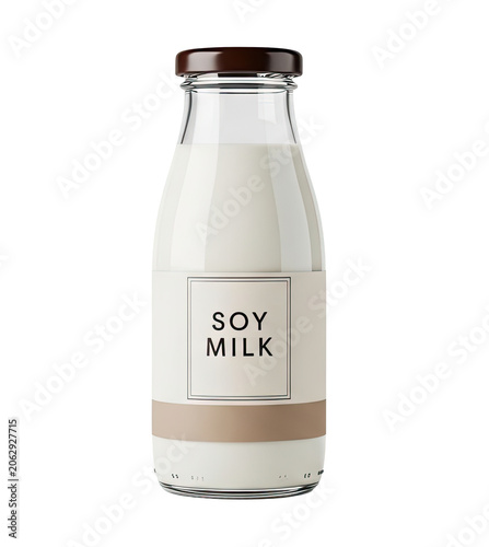 A glass bottle filled with soy milk is displayed against a transparent background. The bottle has a brown label that reads 