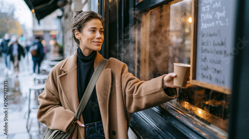 Young millennial woman holding hot coffee in a compostable paper cup, standing by a cafe window on a chilly day