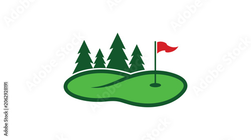 Minimalist vector illustration showing a green golf putting hole with a bright red championship flag