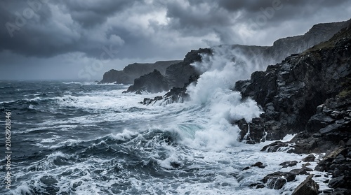 Turbulent ocean waves crash against rocky coastline