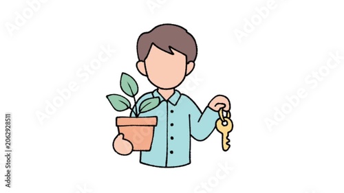 Man Holding House Key and Potted Plant Illustration