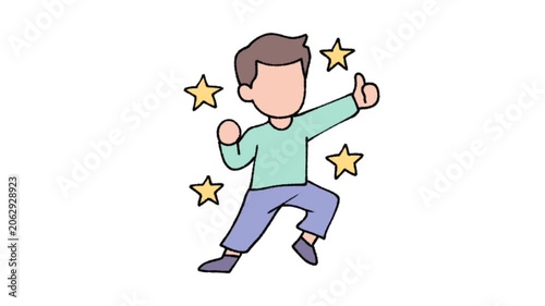 Energetic character celebrating success with stars and thumbs up