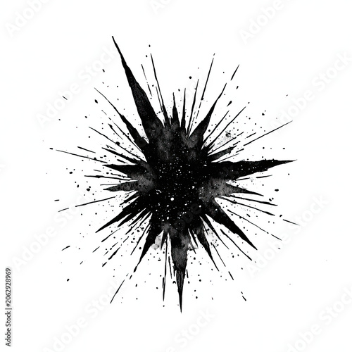 Black ink splatter explodes outwards, creating a starburst of sharp, dark fragments