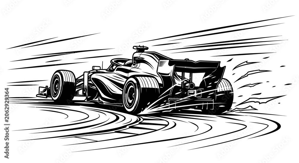 Naklejka premium Formula 1 Race Car Speeding on Track Line Art Illustration