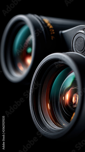 Close-up of professional camera lenses with detailed glass elements and smooth focus s on black background