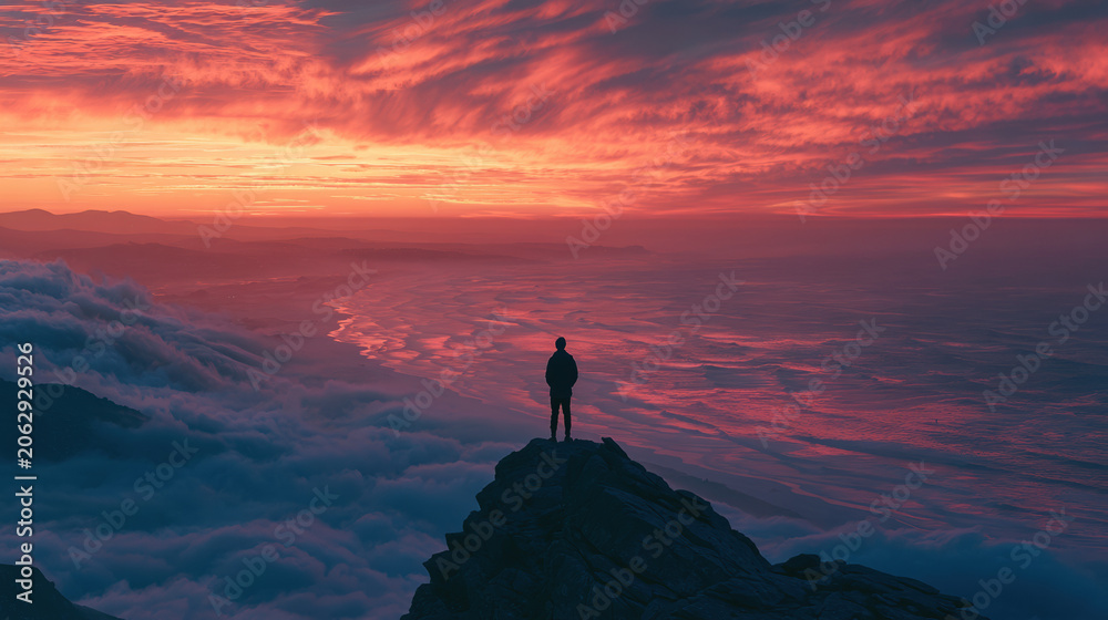 Fototapeta premium Lone silhouette of person standing on mountain peak above clouds at vibrant red sunset