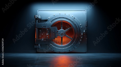 Heavy steel bank vault door with glowing orange light emanating from inside a dark secure room for financial security and wealth protection concepts