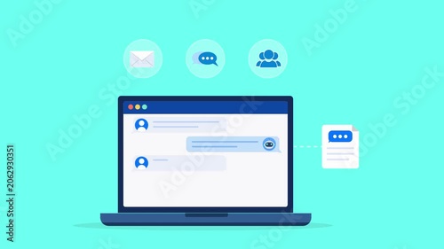 Animated flat vector dashboard on a laptop screen featuring email communication, live messaging, and cloud collaboration icons. Modern customer engagement and digital workflow concept.