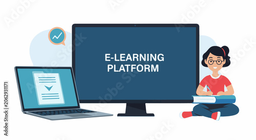 A cartoon woman sits beside a large monitor displaying an e-learning platform, with a laptop