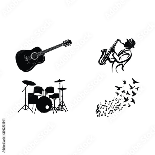 Photography Music silhouette collection: acoustic guitar, jazz saxophone, drum set, and flying birds with notes, symbolizing creative harmony