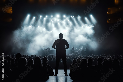 Silhouette of a Man on Stage in Front of a Crowd