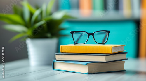 Glasses and books Placed at the library Educational and academic Ideas