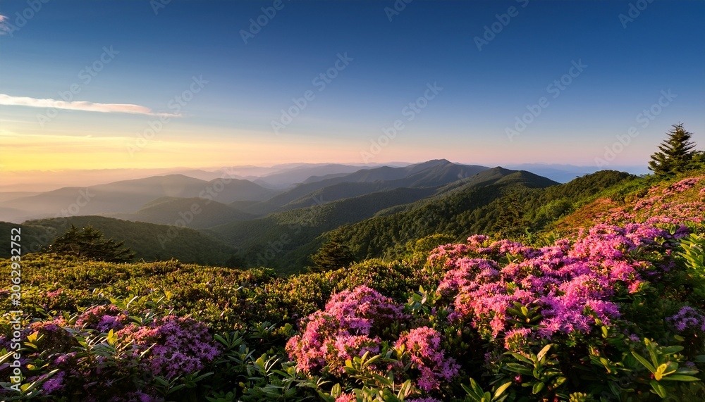 Fototapeta premium scenic summer landscape and blooming mountain laurel morning light blue ridge mountains north carolina