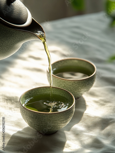 green tea being poured into a japanese tea cup, on a table with a white linen cloth