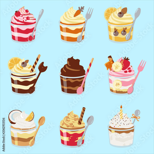 Assorted gourmet layered desserts in glass cups with fresh fruit and chocolate garnishes for bakery menus and cafe promotional material