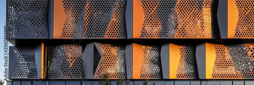 modern steel angular geometric cladding with colour tones and perforated patterned design