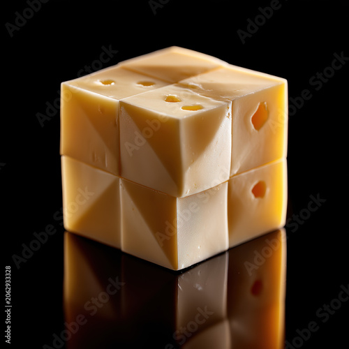 Close-up of a block of Swiss cheese with holes and smooth texture on a reflective black surface