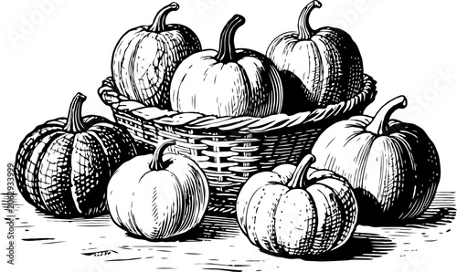 A group of pumpkins placed in and around a woven basket, hand-drawn in black ink style on a rustic wooden surface, representing autumn harvest