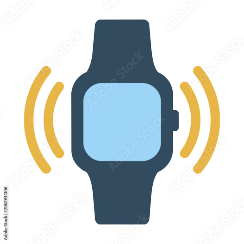 Minimalist smartwatch icon with vibration sound waves displayed in bold flat colors isolated on a white background, modern technology concept