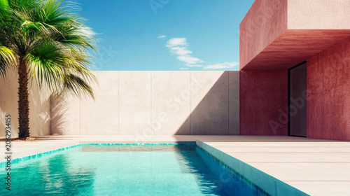 new concrete house in modern style with pool and parking for sale or rent and beautiful landscaping on background