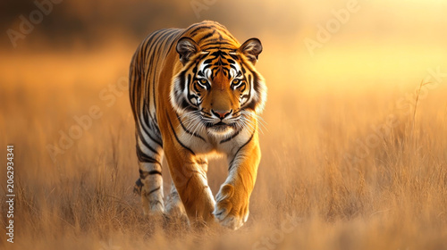 Tiger, walking in the golden light Is a wild animal hunting Summer in hot