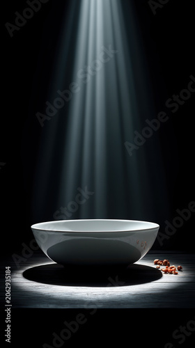 Minimalist scene with a white bowl illuminated by overhead spotlight on dark textured surface with scattered objects