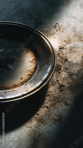 Close-up of an empty round metallic bowl on a textured surface with shadow and sunlight highlighting the edges