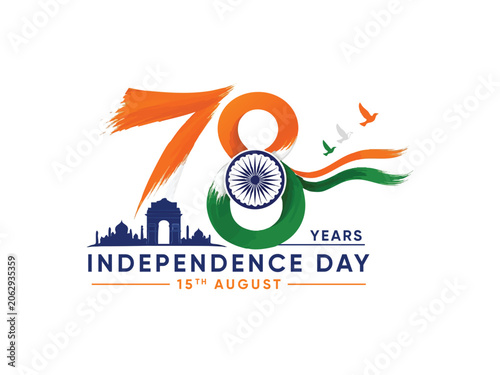 78th Independence Day of India 2026 logo set, tricolor number with Ashoka Chakra, flying birds, India Gate skyline, August 15th typography design