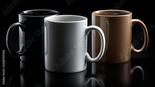 Three Different Colored Ceramic Coffee Mugs Black white and brown on reflective black surface