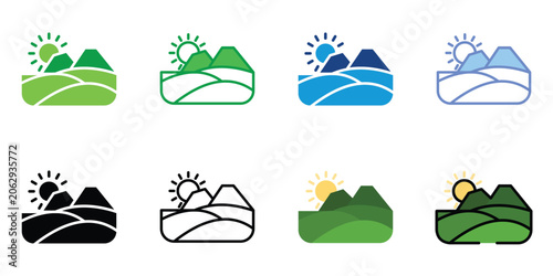 Mountain Landscape Icon Set Vector Illustration, Nature Scenery and Outdoor Environment Symbols Collection, Hills Valley Sunrise Line and Flat Design Icons
