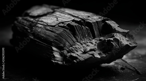 Close-up of a Charred Black Wood Log with Deep Grain Patterns and Burned Surface Texture on a Dark Background