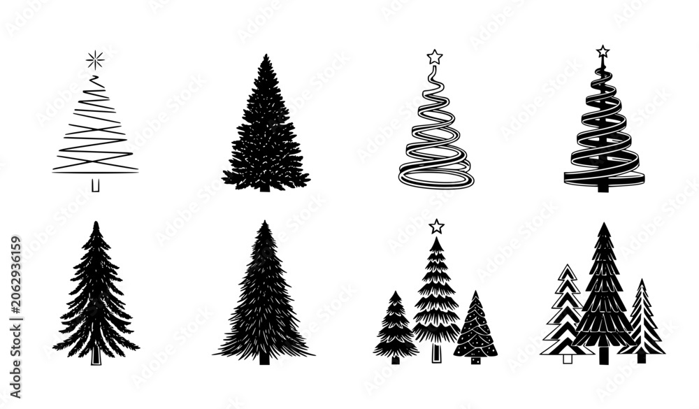 Fototapeta premium Christmas Tree Icon Set Collection with Minimalist Pine Trees, Holiday Decorations, Festive Forest Elements, and Winter Season Symbols