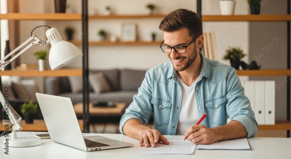 Fototapeta premium Successful Young Entrepreneur Working at Desk with Laptop and Documents in Bright Modern Interior
