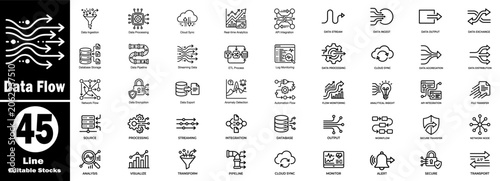 Data flow vector line icons set. Including database storage api integration, cloud sync, streaming network flow, and analytics. Vector Illustration.