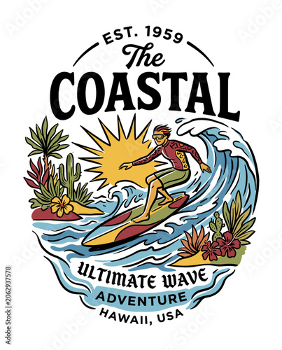 Retro Hawaii surf illustration with a man riding an ultimate wave at sunset, surrounded by tropical palm trees, cacti, and hibiscus flowers on a white background for t-shirt design.