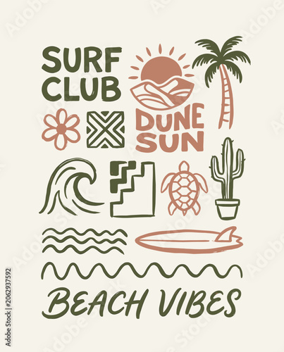 Retro beach vibes and surf club collection featuring hand-drawn icons of palm trees, waves, turtles, and surfboards in earthy terracotta and green tones on a cream textured background.