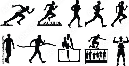Fényképezés Running silhouette icon set, marathon athlete, sprinter start, hurdler jump, fin