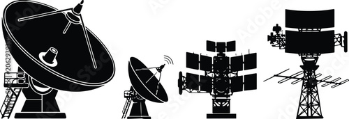Foto Satellite dishes and radar antennas silhouette, communication technology, parabo